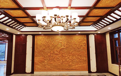 玉环中式别墅客厅中式木作横梁吊顶装饰展示